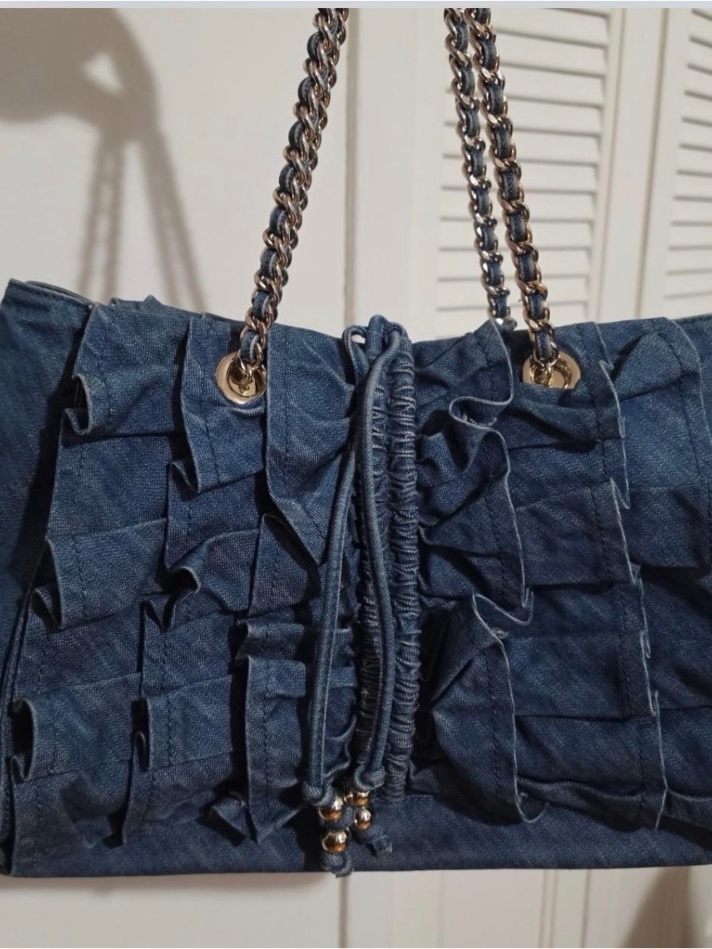 bebe Denim Ruffle Satchel - Blue with Gold Accents